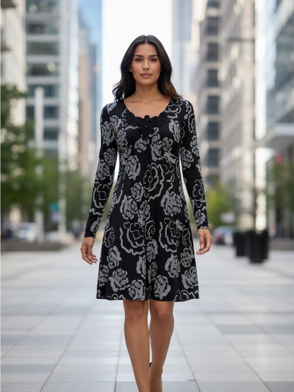 BCBG Black Long-Sleeve Floral A-Line Dress